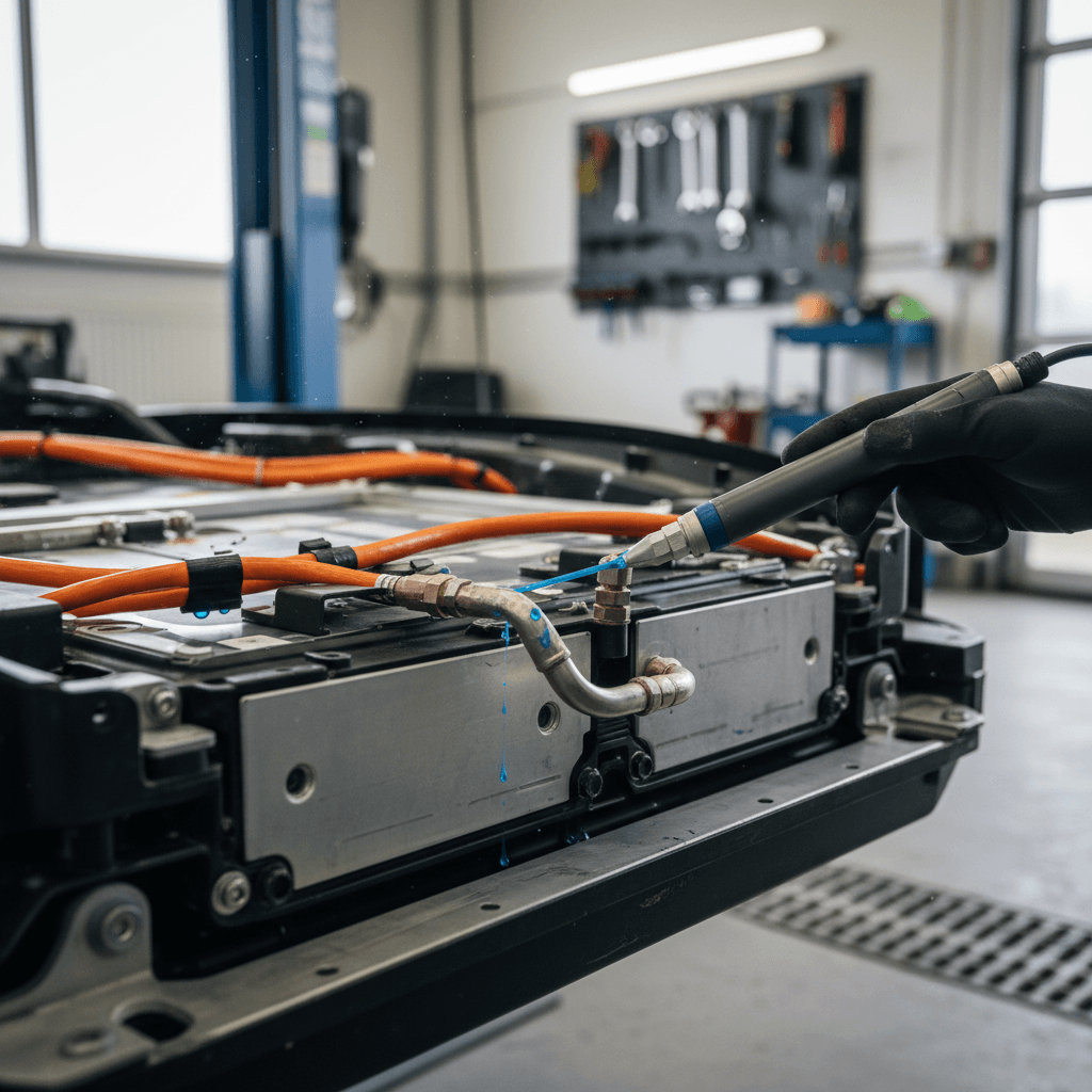 Infotainment screen in an electric car showing battery and thermal management diagram