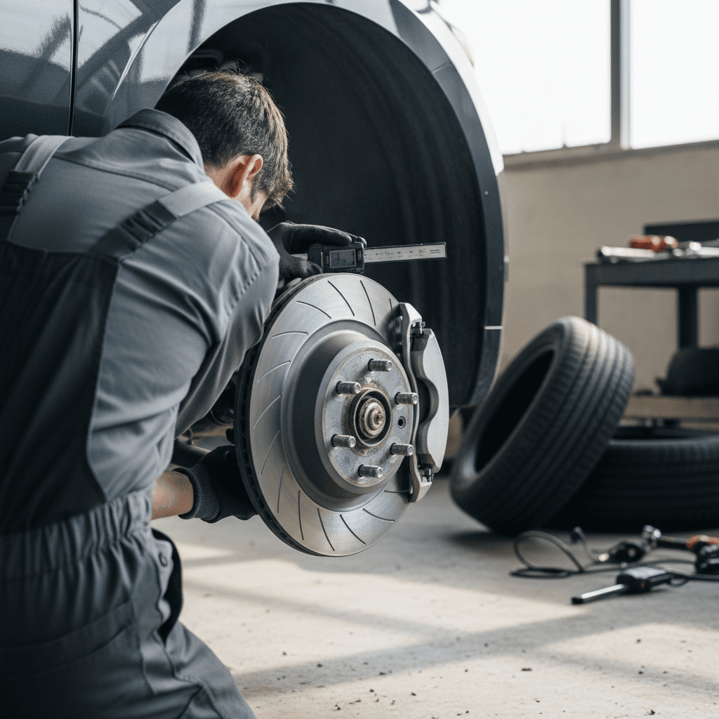 Mechanic inspecting an electric car tyre on a lift in a workshop