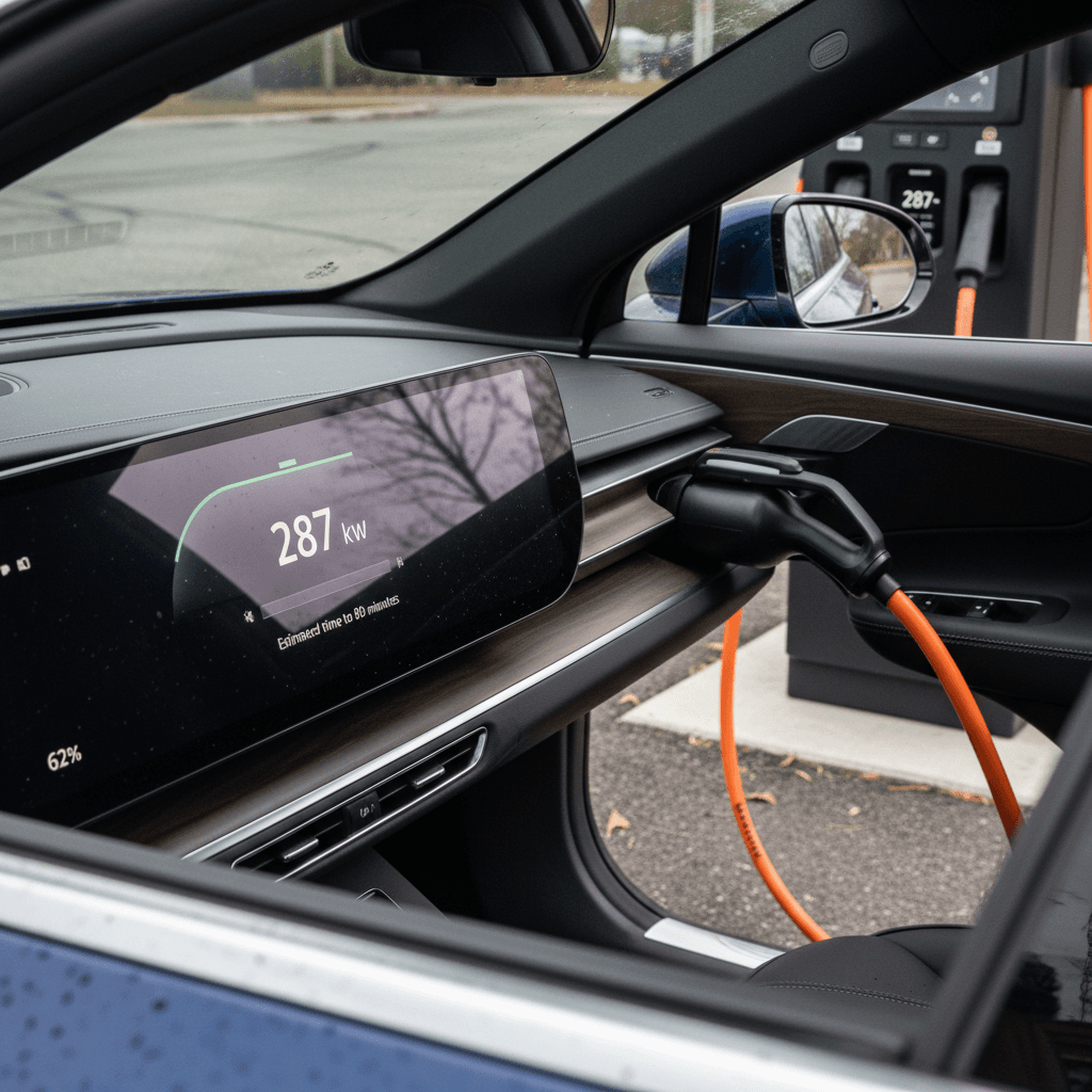 Close-up of a Volvo C40 Recharge charging port connected to a CCS fast charger showing charging power in kilowatts on screen