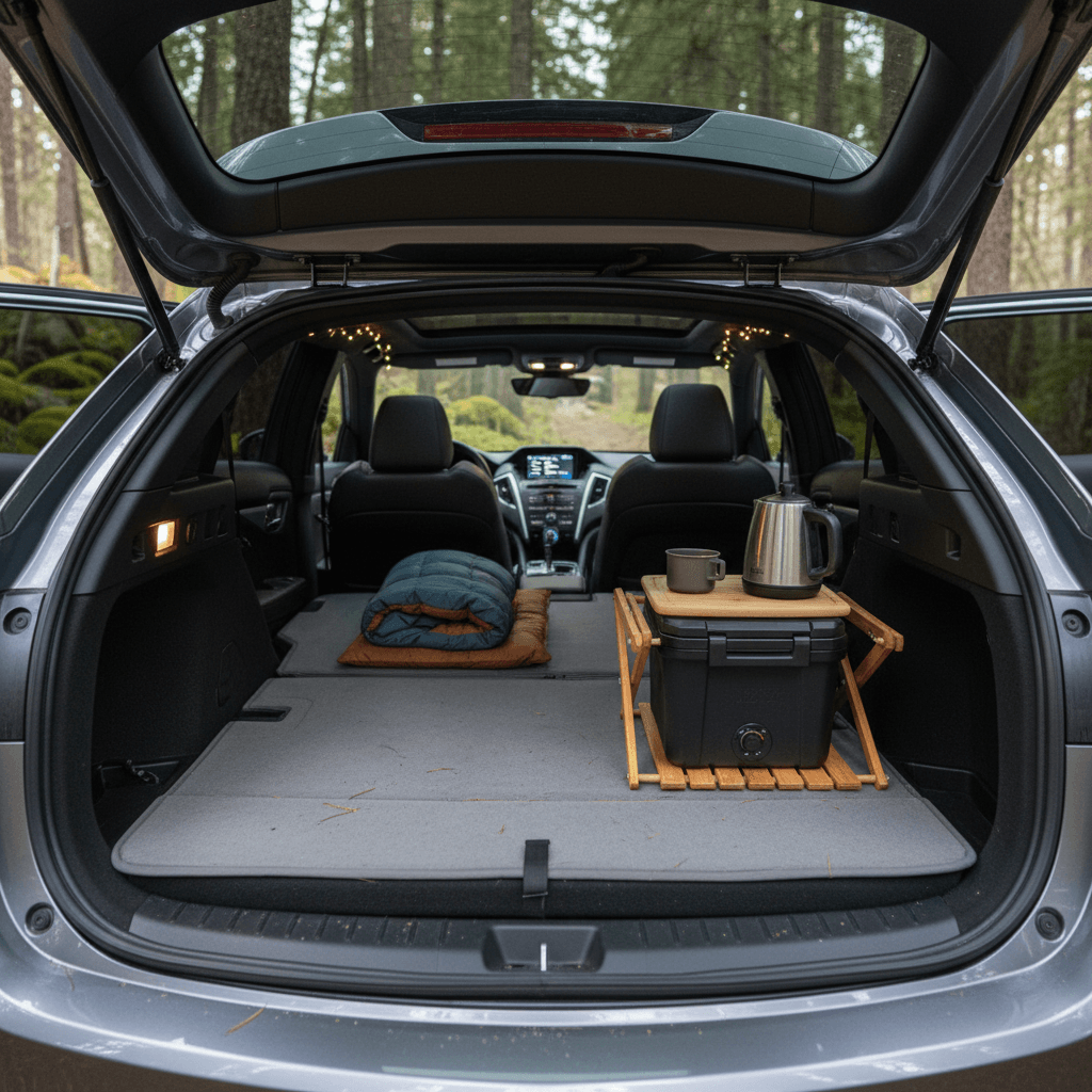 Acura ZDX rear cargo area with rear seats folded and a basic camping mattress laid out for sleeping