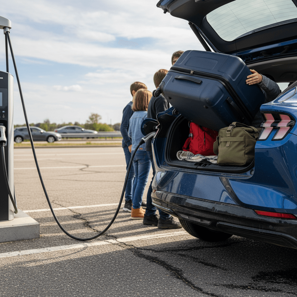 Family loading luggage into a Ford Mustang Mach‑E parked at a highway fast charger during a road trip