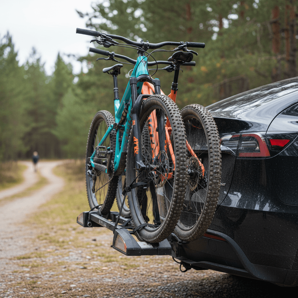 Hitch-mounted platform bike rack on a Tesla Model Y tow hitch carrying two mountain bikes
