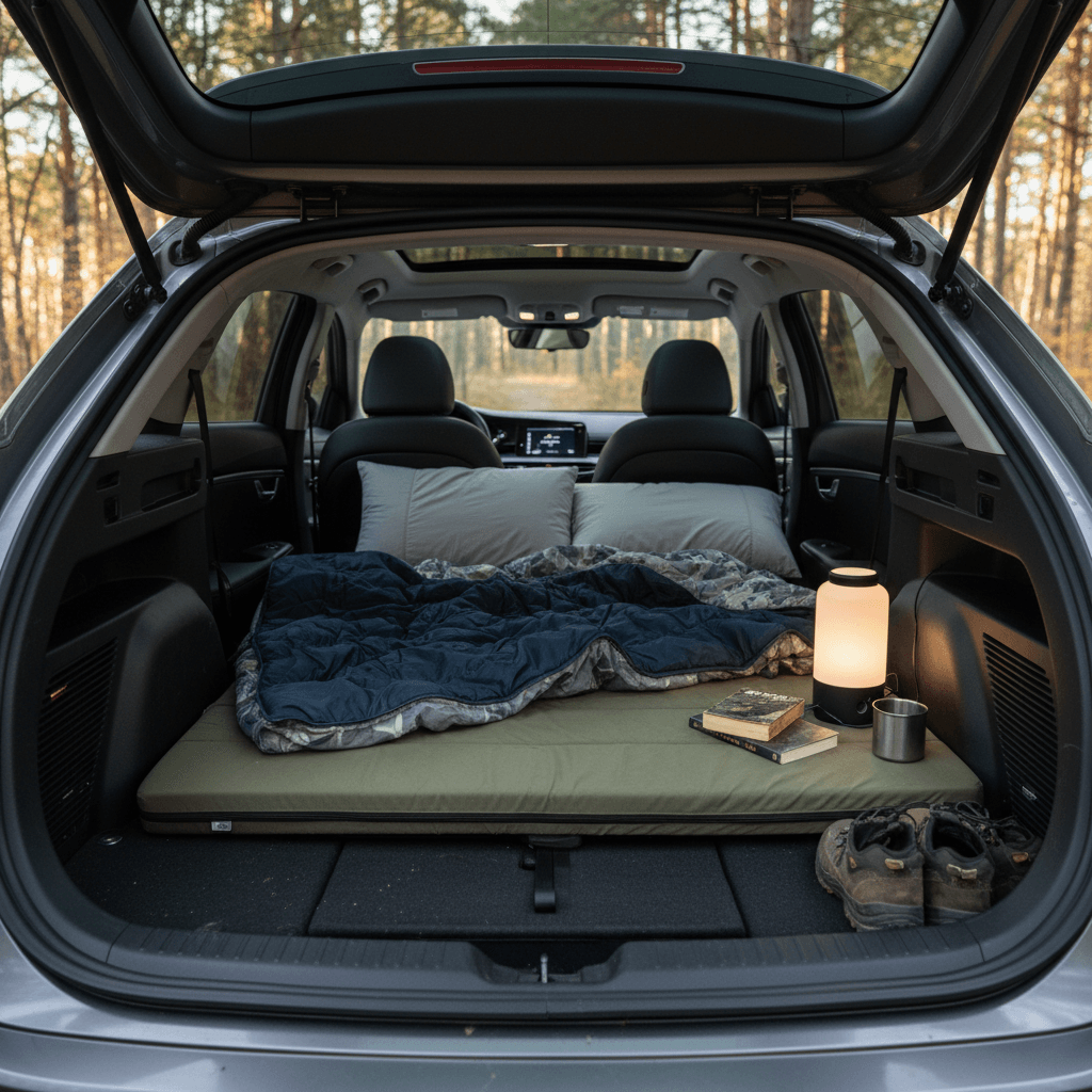 Hyundai IONIQ 6 rear seats folded down with a slim camping mattress creating a sleeping area from trunk to back seats