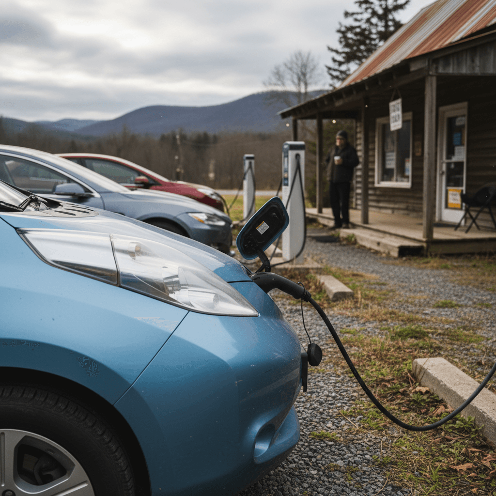 Used electric vehicles charging in a small West Virginia town, with Appalachian hills in the background