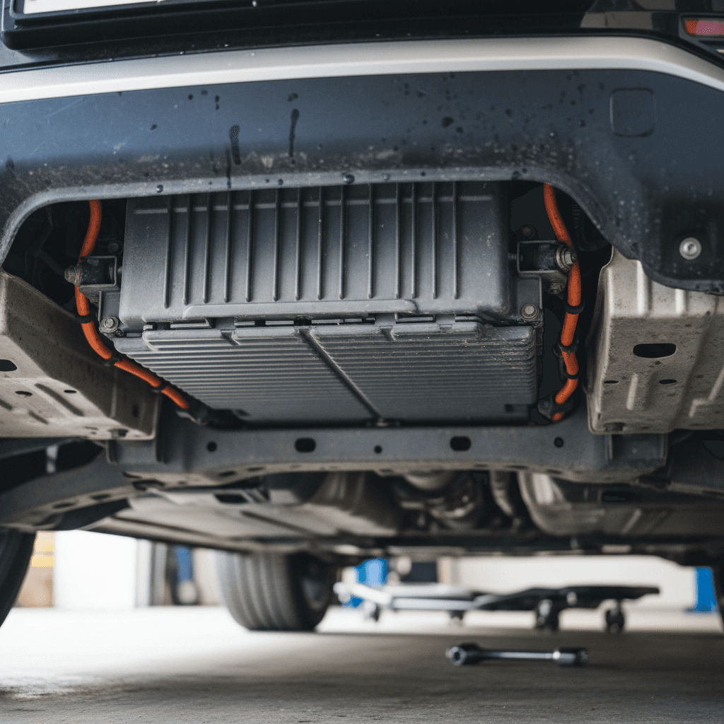 Technician inspecting an exposed EV battery pack under a vehicle on a lift