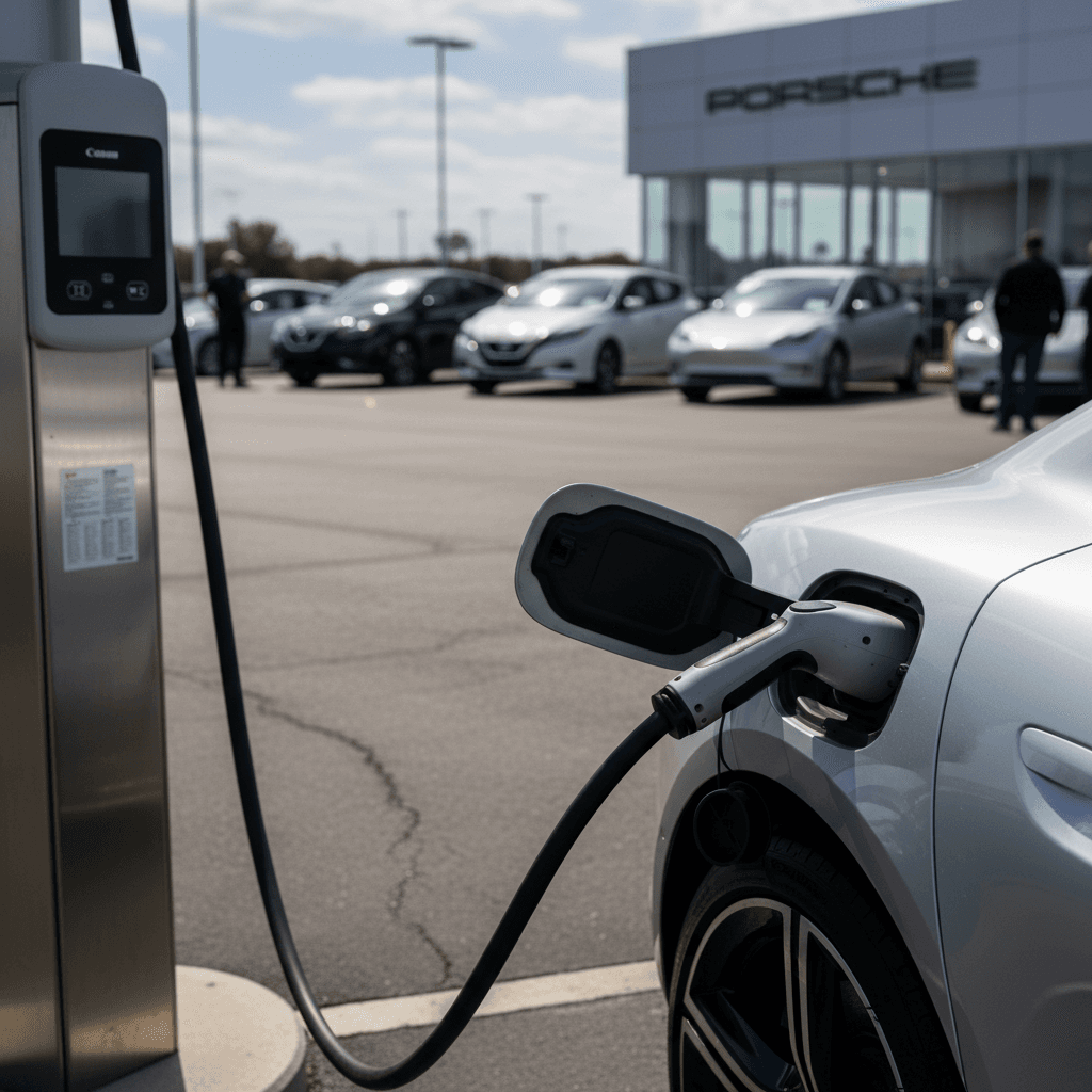 Porsche Taycan plugged into a DC fast charger, with the charge port and cable in focus