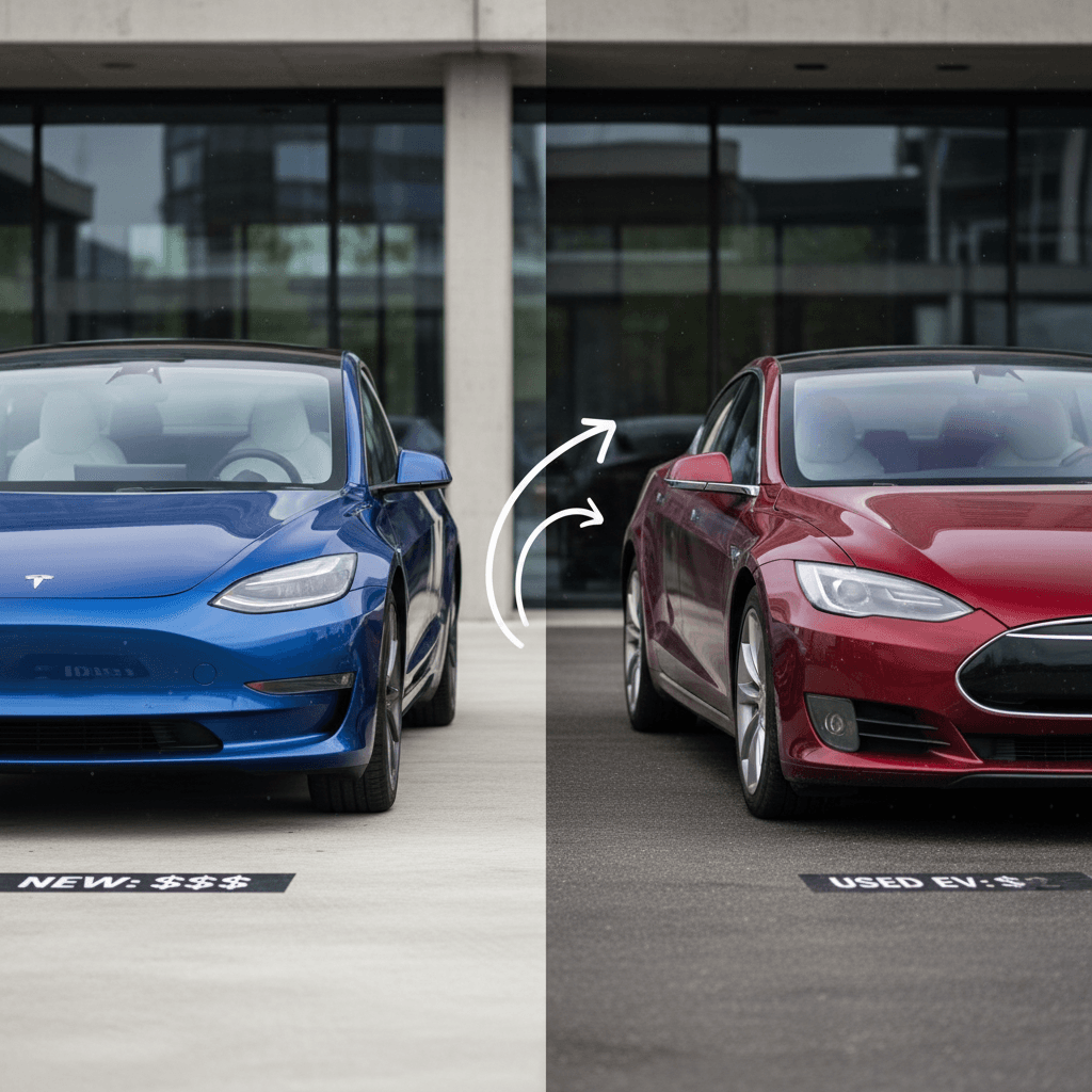 Chart comparing falling used EV prices with a recent uptick in used Tesla prices for Models 3, Y, S, and X