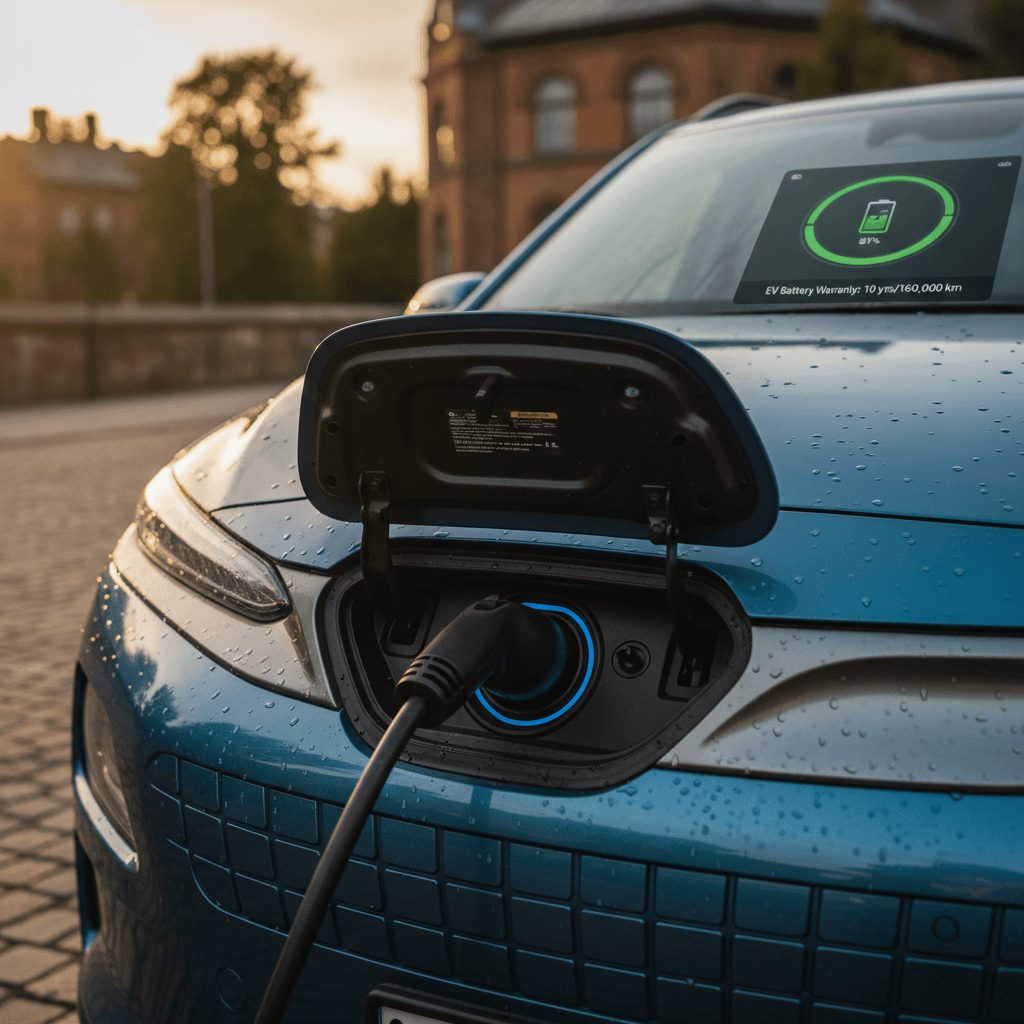 Close-up of a Hyundai Kona Electric plugged into a charger with battery state of charge visible on the dashboard screen.
