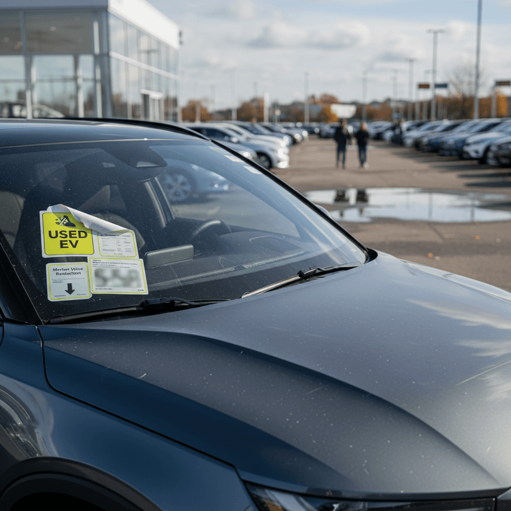 Used Volvo EX30 electric SUV parked in a dealer lot with price stickers, highlighting used EV resale value