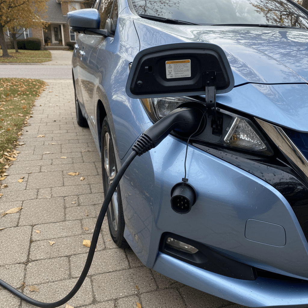 2018 Nissan Leaf plugged into a home Level 2 charger in a suburban driveway