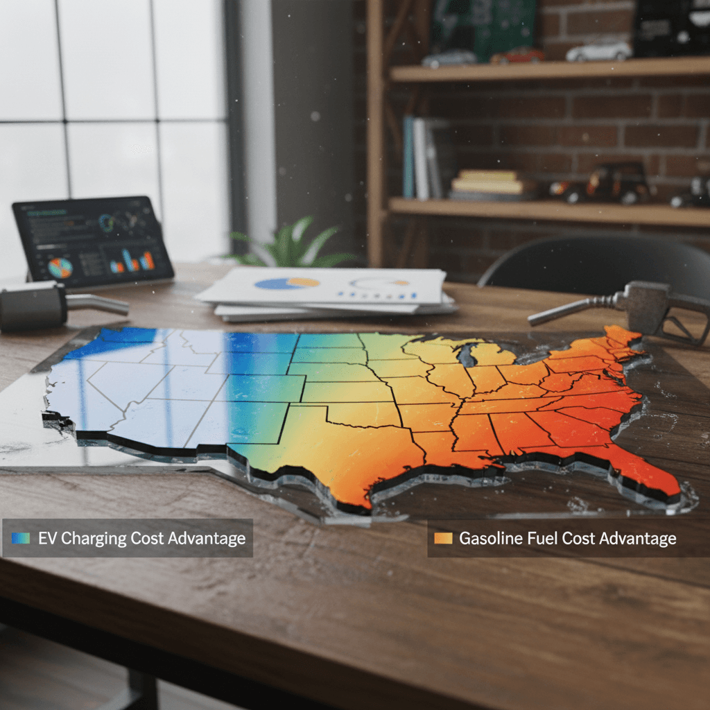 U.S. map shaded to show states where home EV charging is much cheaper than gasoline compared to states where the savings are smaller