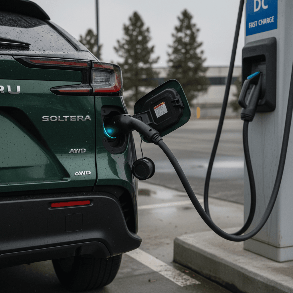 Subaru Solterra charging at a public DC fast charger, showing charge port and rear badging