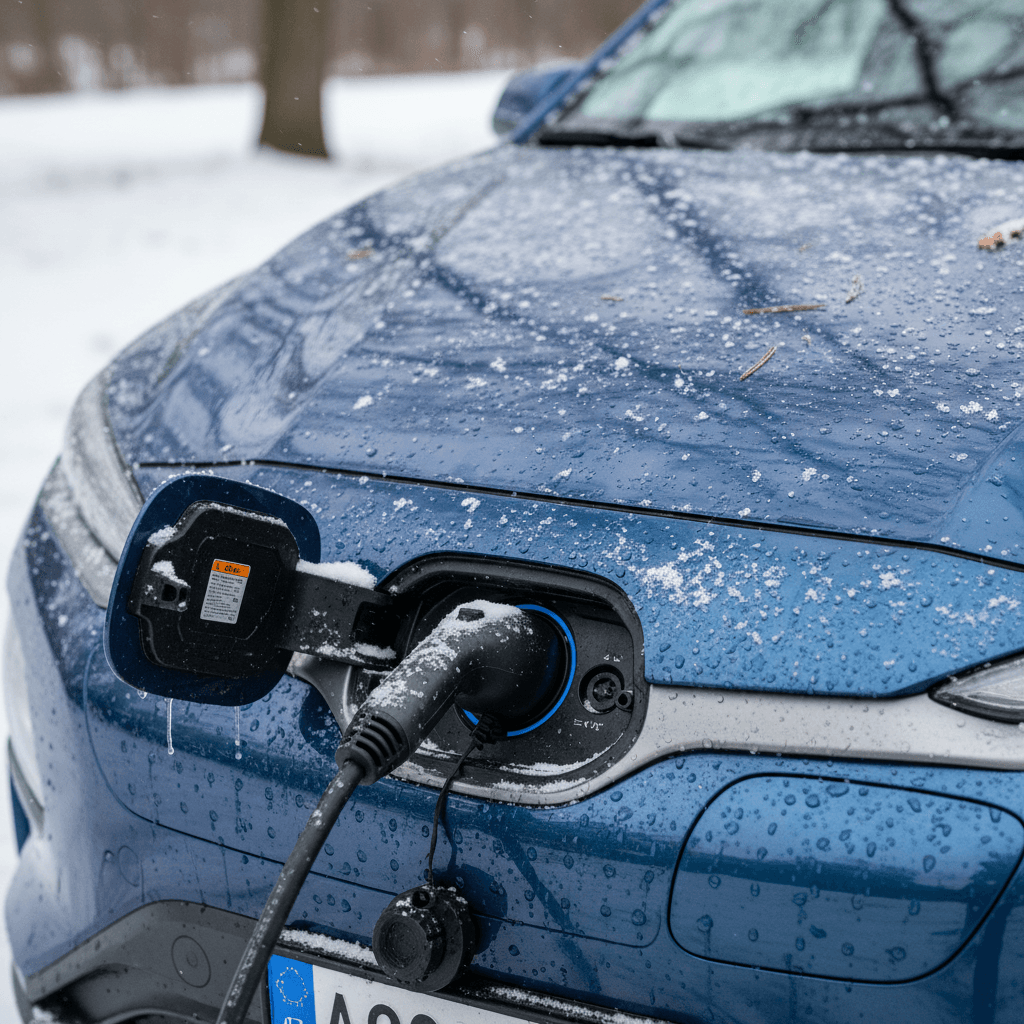 Hyundai Kona Electric plugged into a public charger while parked with snow on the bodywork