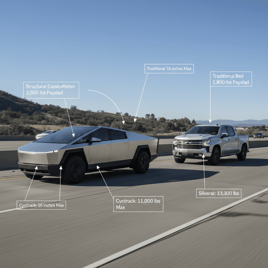 Tesla Cybertruck and Chevrolet Silverado 1500 driving side by side on an open highway, emphasizing their different designs and powertrains