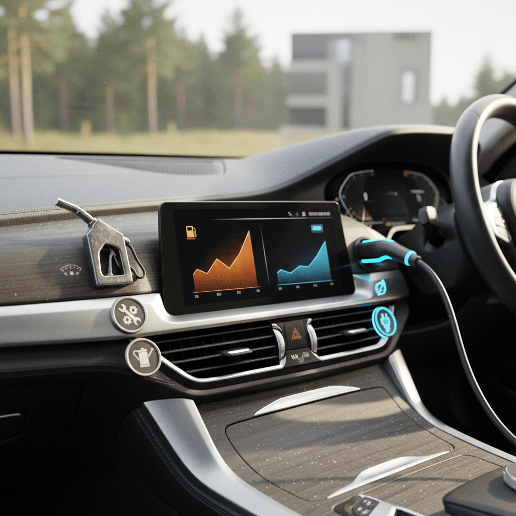 Illustration comparing gasoline fuel pump to electric vehicle charging plug with cost per mile icons for BMW X5 and BMW iX