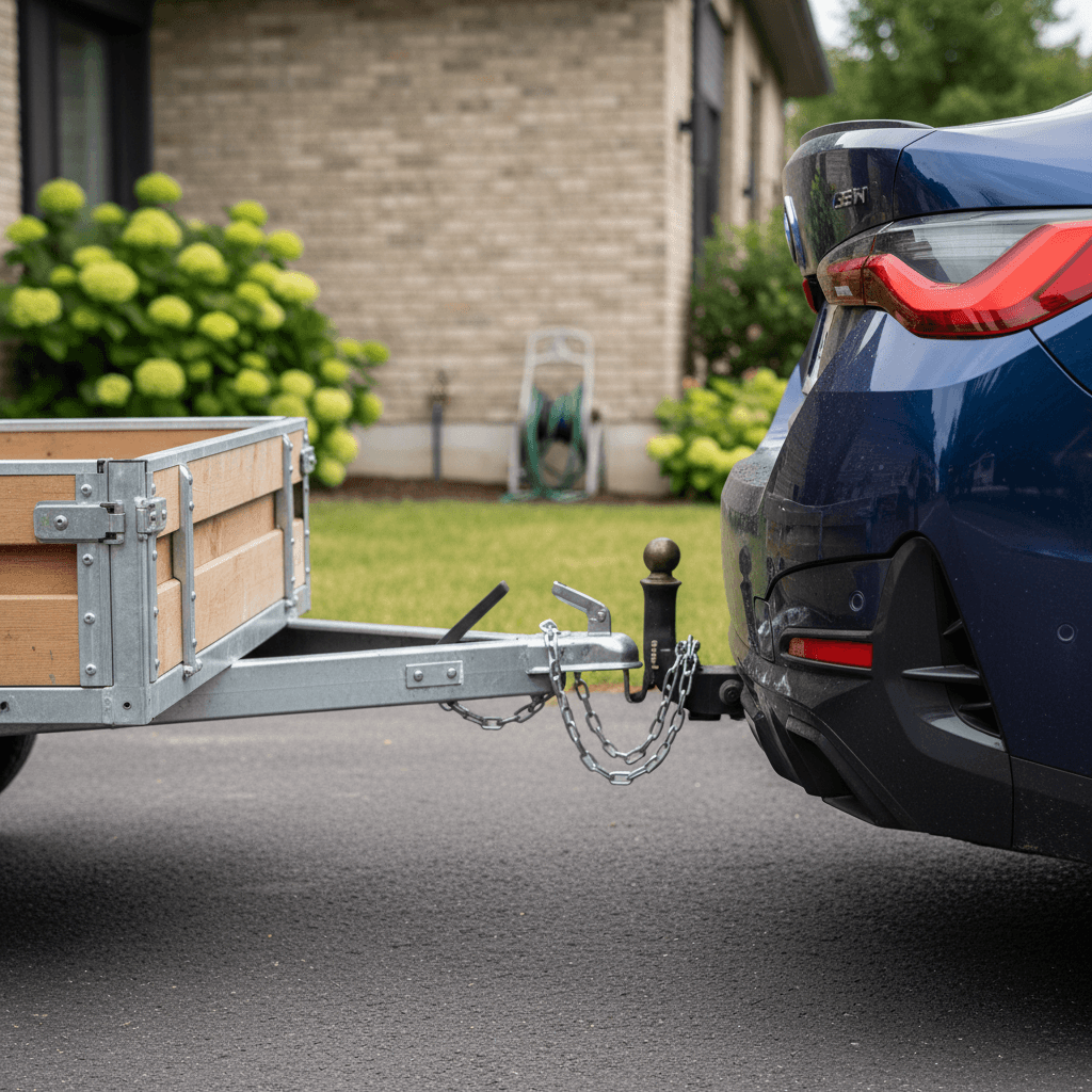 BMW i4 rear with a detachable tow hitch connected to a compact utility trailer in a driveway