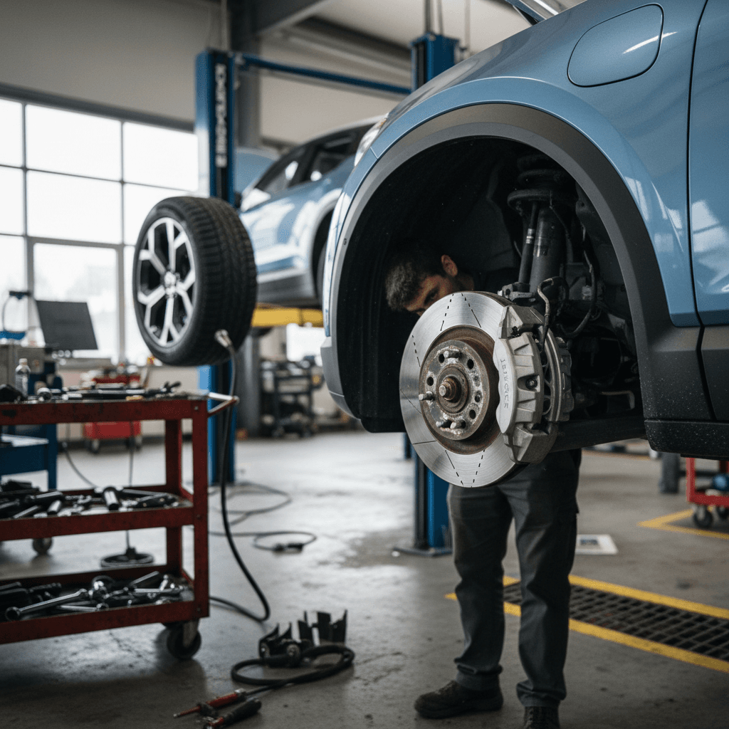 Mechanic inspecting a small electric city car’s brakes and suspension on a workshop lift