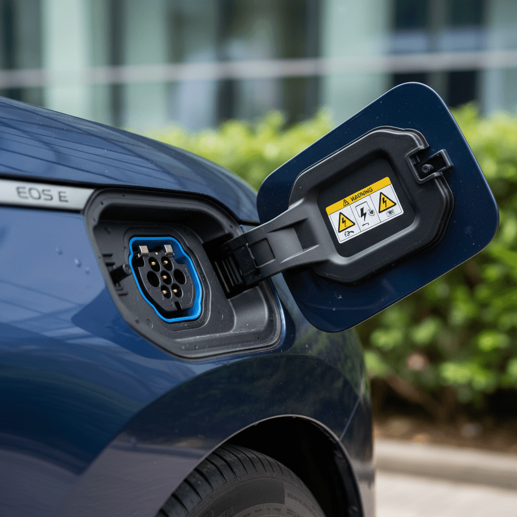 BMW iX rear quarter view plugged into a Level 2 home charger, emphasizing the high-voltage battery system