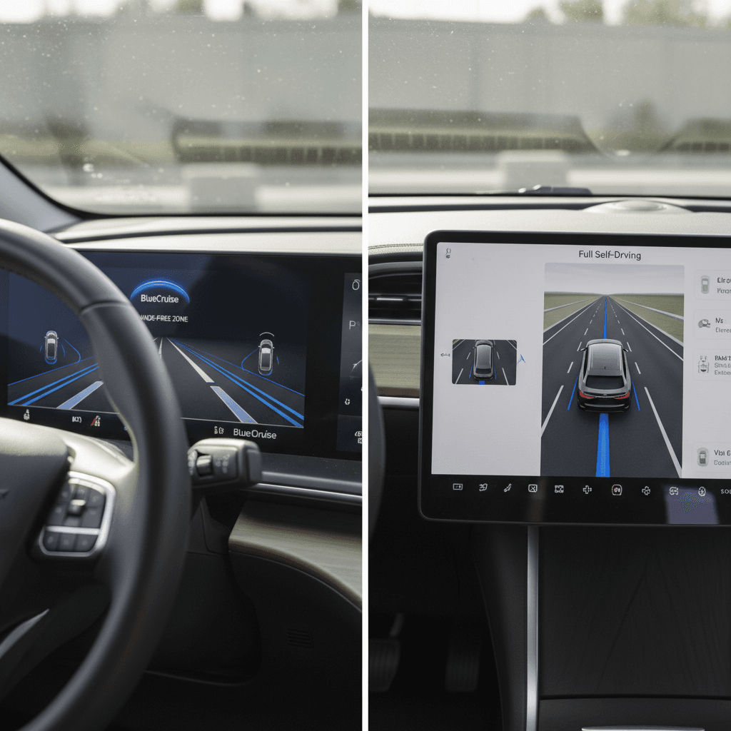 Side-by-side instrument clusters of a Ford with BlueCruise and a Tesla, each showing active driver-assistance status while cruising on a highway