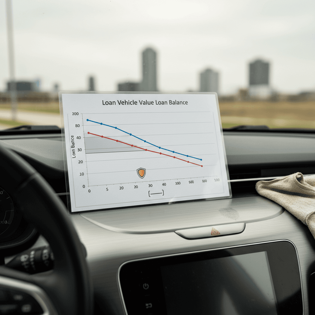Line chart showing an electric car’s value curve dipping below the loan balance in early years, illustrating where gap insurance applies