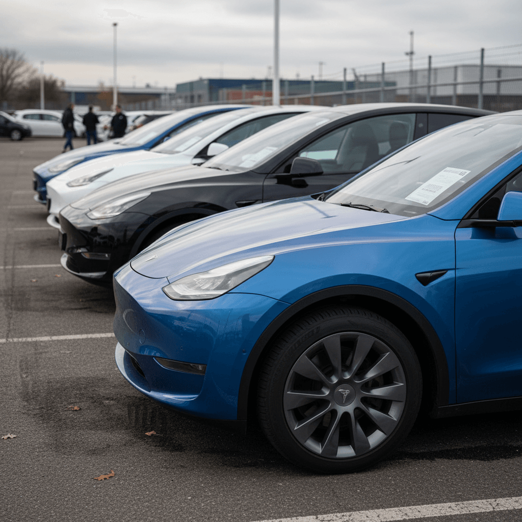 Row of used Tesla Model Y SUVs in different colors parked on a dealer lot, ready for resale