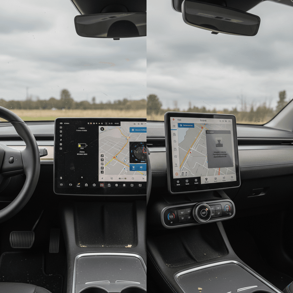 Side-by-side interiors of a used Tesla Model Y and Ford Mustang Mach‑E showing dashboards and screens