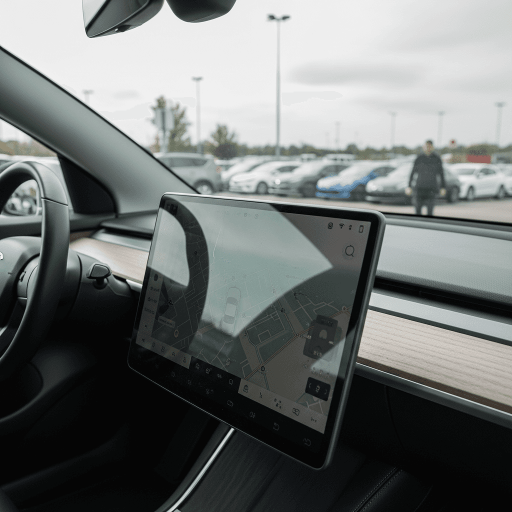 Interior of a 2020 Tesla Model Y showing large center touchscreen and steering wheel while parked and charging