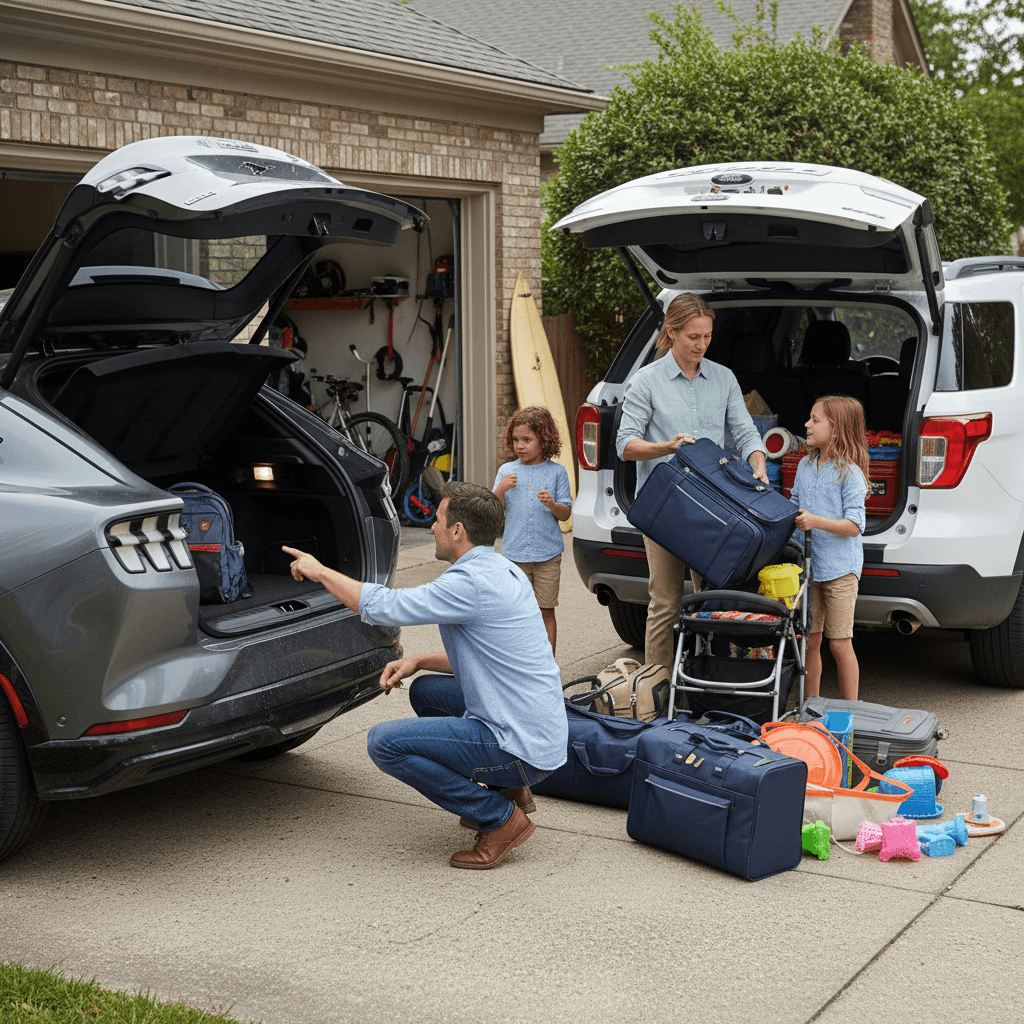 Family comparing the cargo area of a Ford Mustang Mach‑E to a previous Ford Explorer while loading luggage in a driveway.