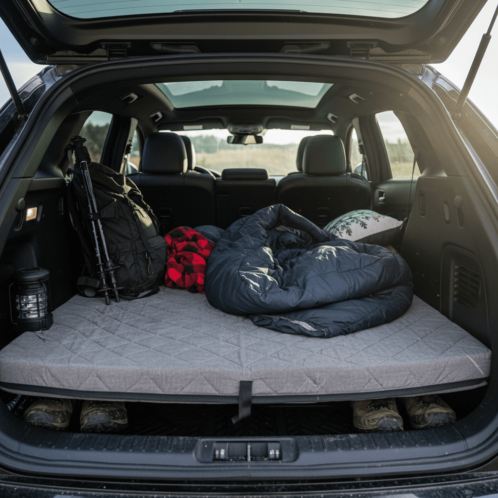Flat cargo area of a Ford Mustang Mach-E with the rear seats folded and a camping mattress laid out from the hatch to the front seats