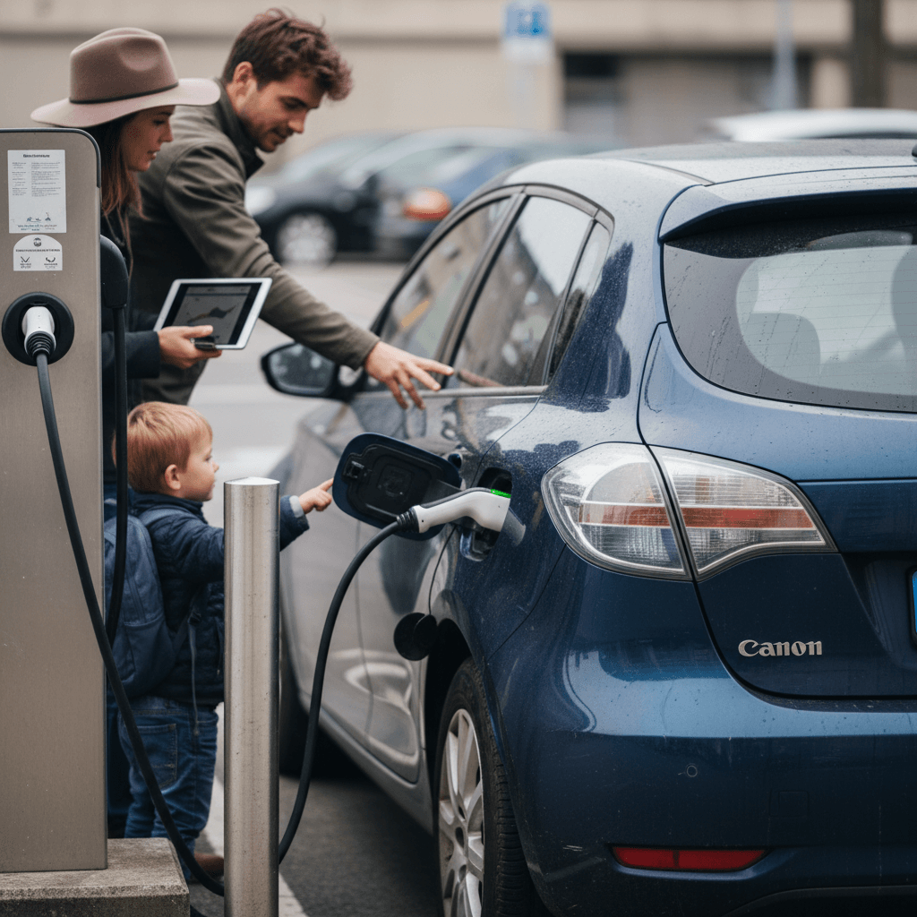 Family standing next to an electric car plugged into a public charging station