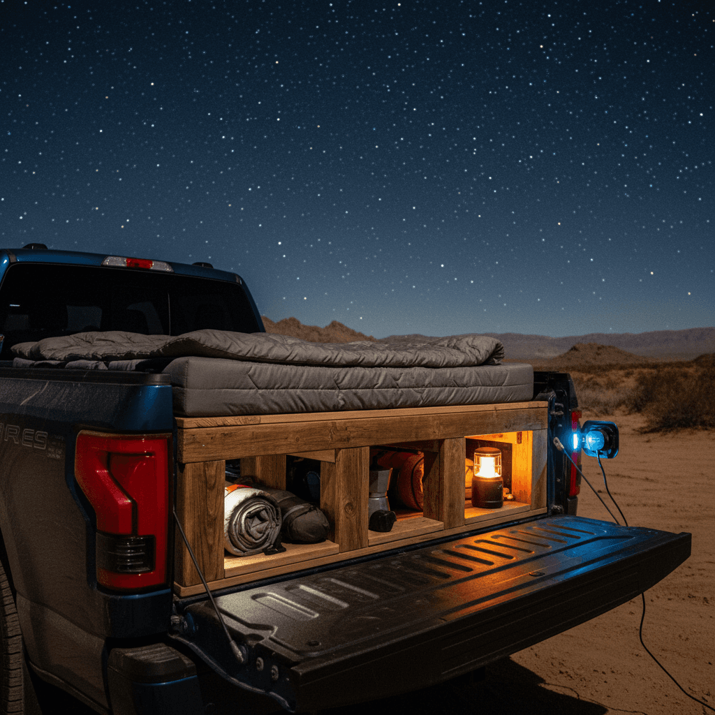Ford F-150 Lightning with a camping platform and mattress set up in the truck bed under the night sky