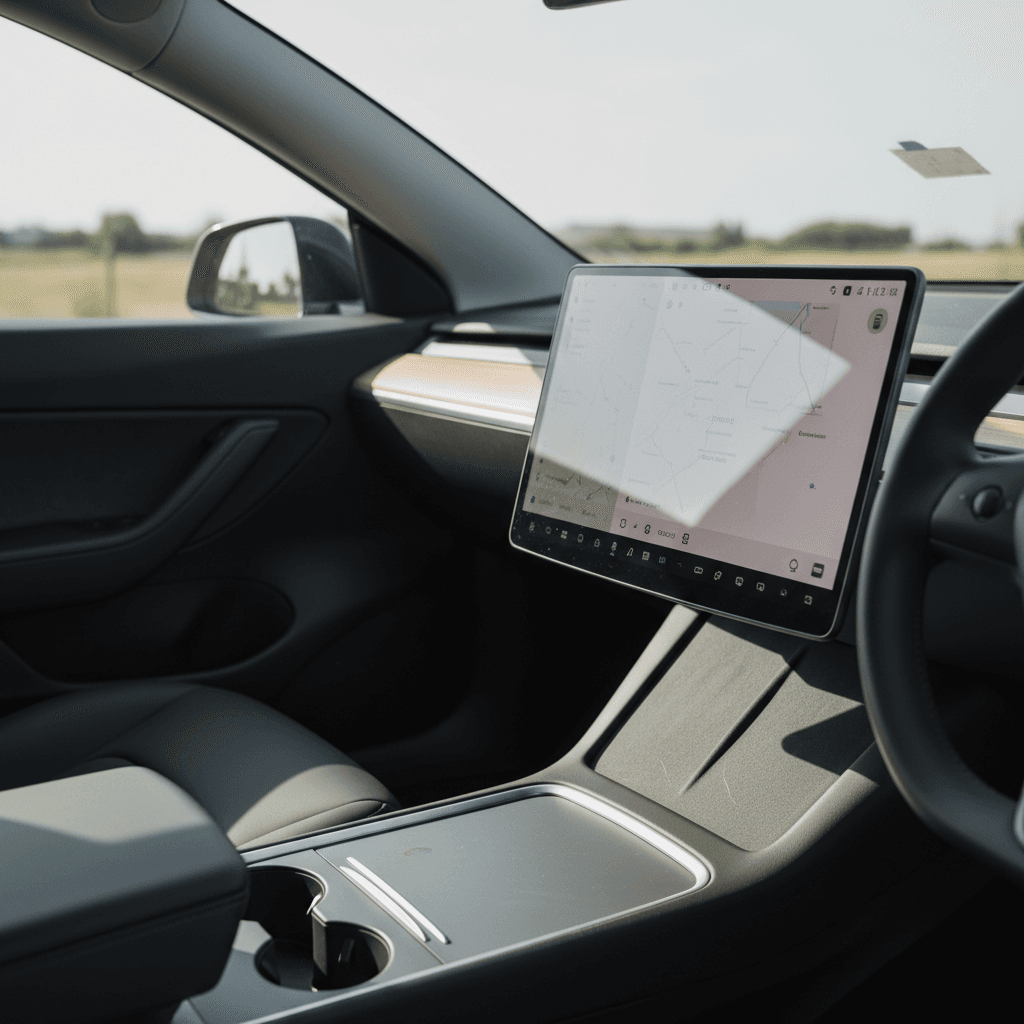 Tesla Model Y interior showing minimalist dashboard and large center touchscreen