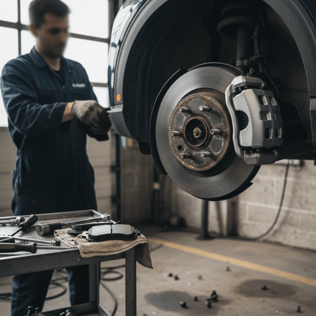 Mechanic replacing front brake pads on an electric Genesis GV60 style crossover on a lift