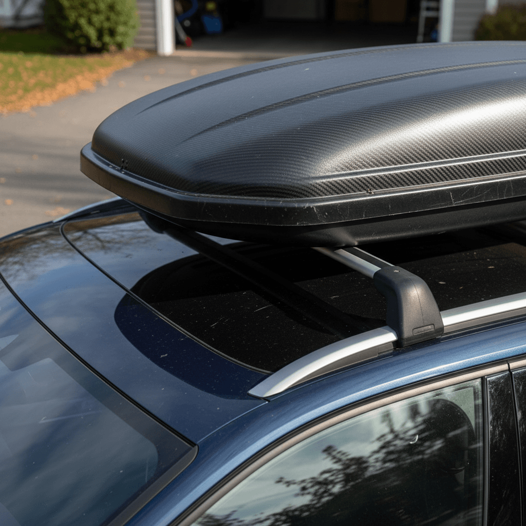 Audi Q4 e-tron roof rails with crossbars and cargo box installed in a residential driveway
