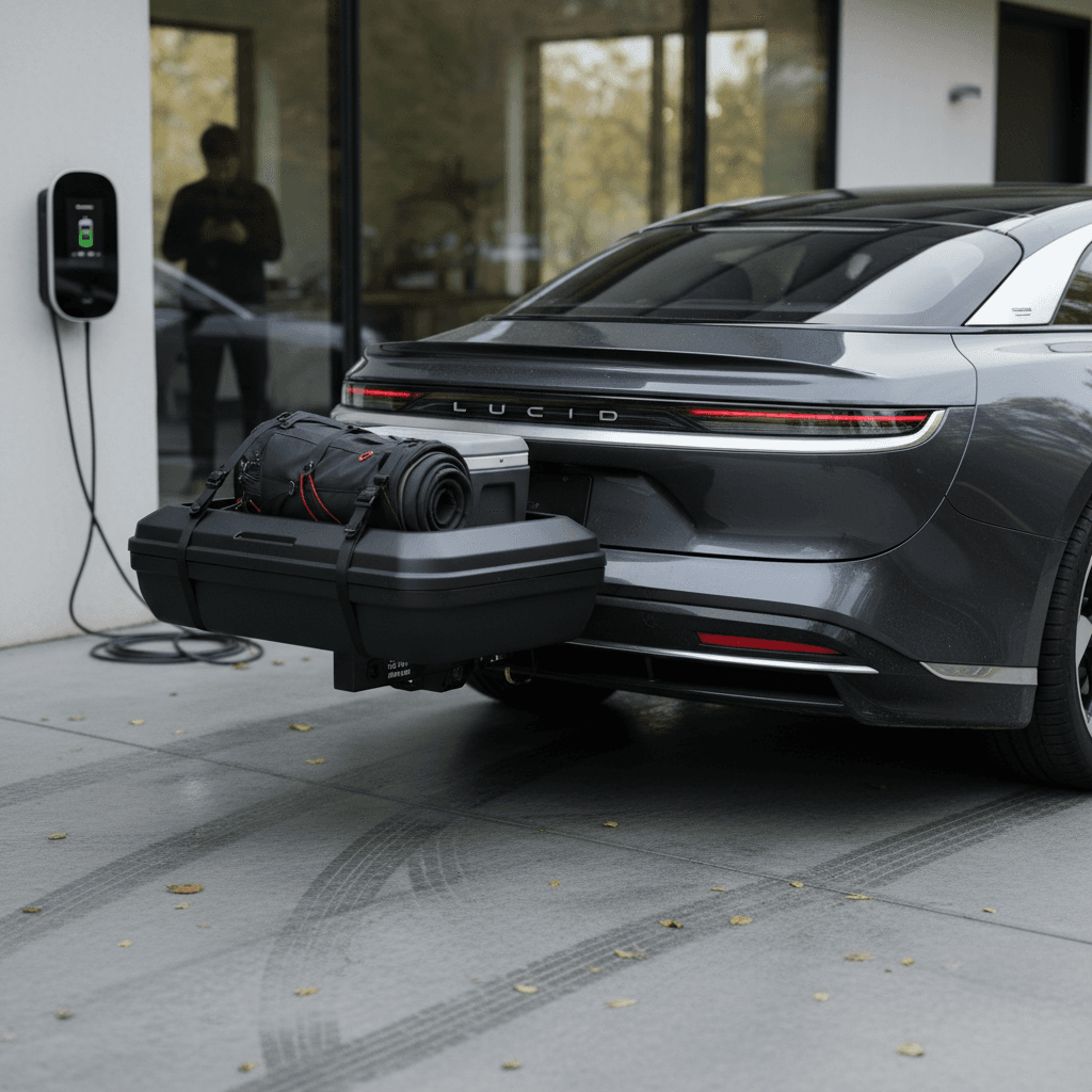 Lucid Air sedan with a slim receiver hitch and compact cargo carrier loaded with weekend gear in a modern driveway