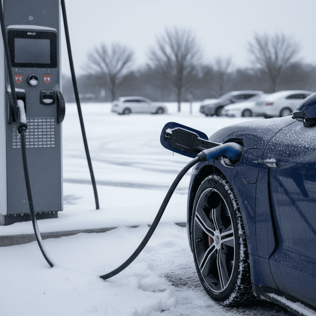 Porsche Taycan plugged into a high-power DC fast charger in a snowy parking lot