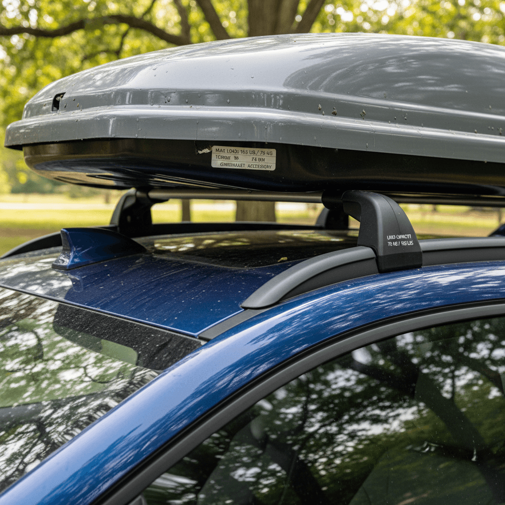 Chevrolet Bolt EV with aftermarket roof rack crossbars and medium cargo box installed, illustrating conservative roof rack loading