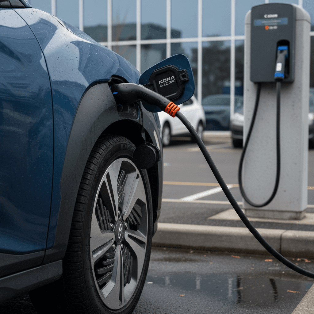 2025 Hyundai Kona Electric plugged into a DC fast charger showing charging status on the display