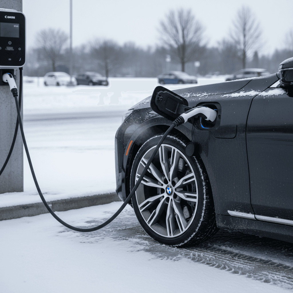 BMW i7 charging at a public fast charger in winter, with snow around the station and condensation visible from the warm cabin