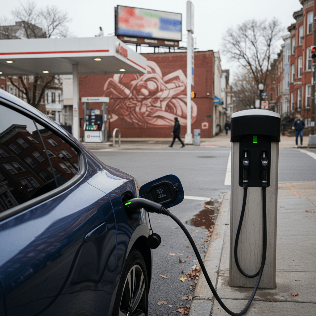 Electric vehicle charging at a public station in Philadelphia with a gas station in the background, illustrating cost comparison between EV charging and gasoline in 2026.
