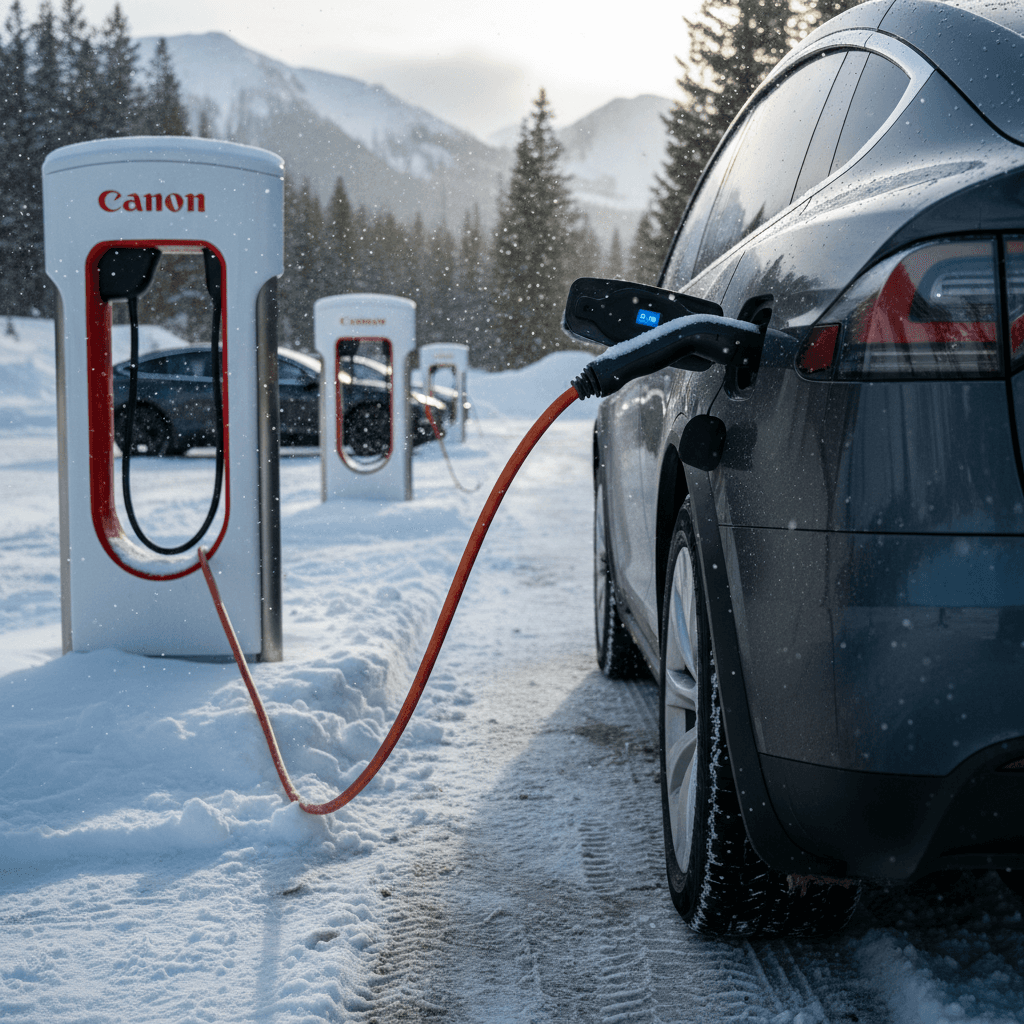 Tesla Model X charging at a Supercharger station in winter with snow around the stalls