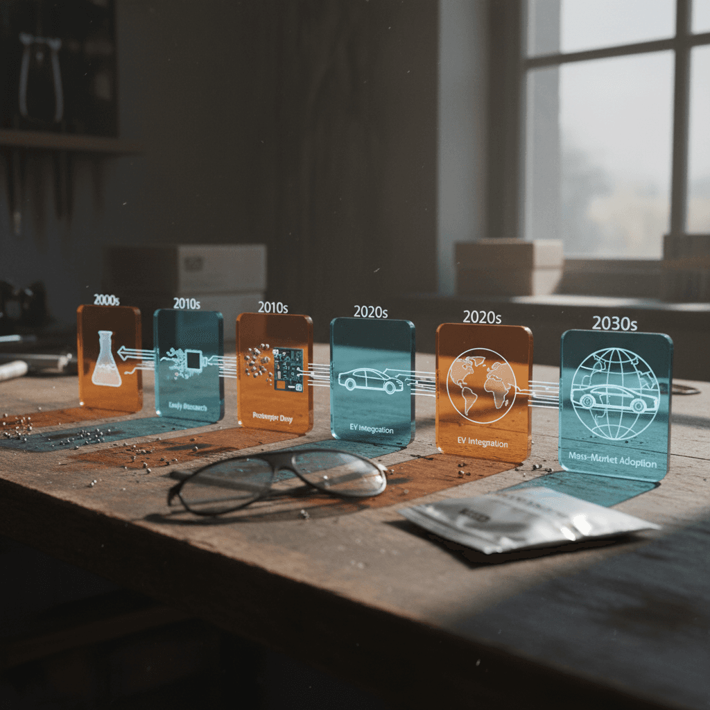 Simplified timeline graphic showing solid-state battery development stages from pilot production in the mid-2020s to mass-market EV adoption after 2030