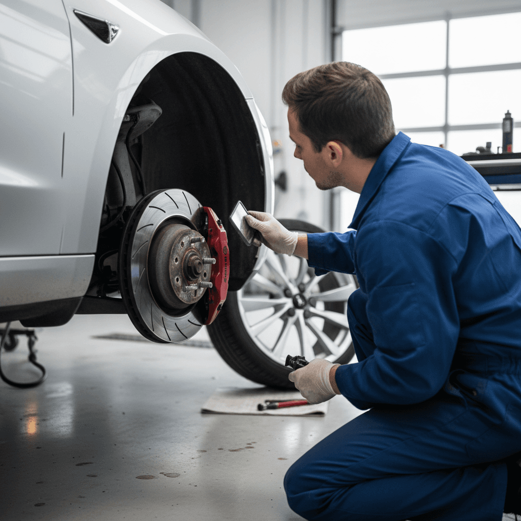 Technician inspecting a Tesla Model 3 wheel, tire, and brake assembly on a lift
