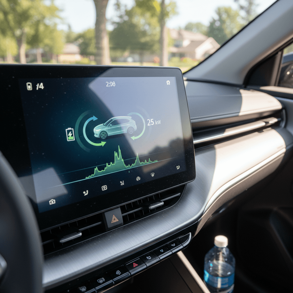 EV dashboard showing regenerative braking and energy flow while slowing down