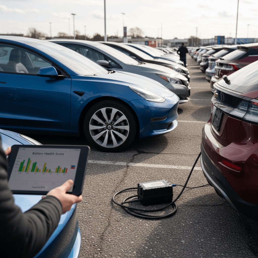 Technician checking the high-voltage battery of a used electric car in a service bay
