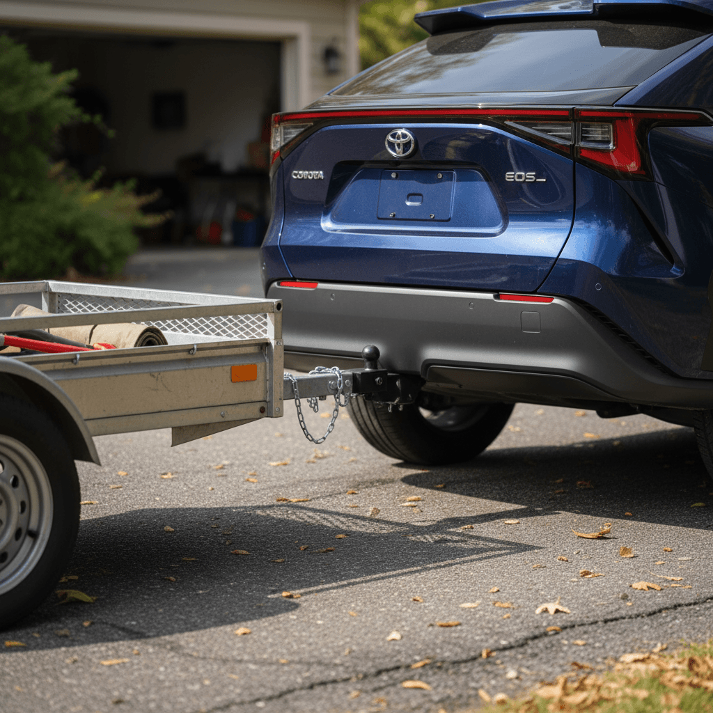 Toyota bZ4X with an aftermarket receiver hitch and small utility trailer attached in a driveway