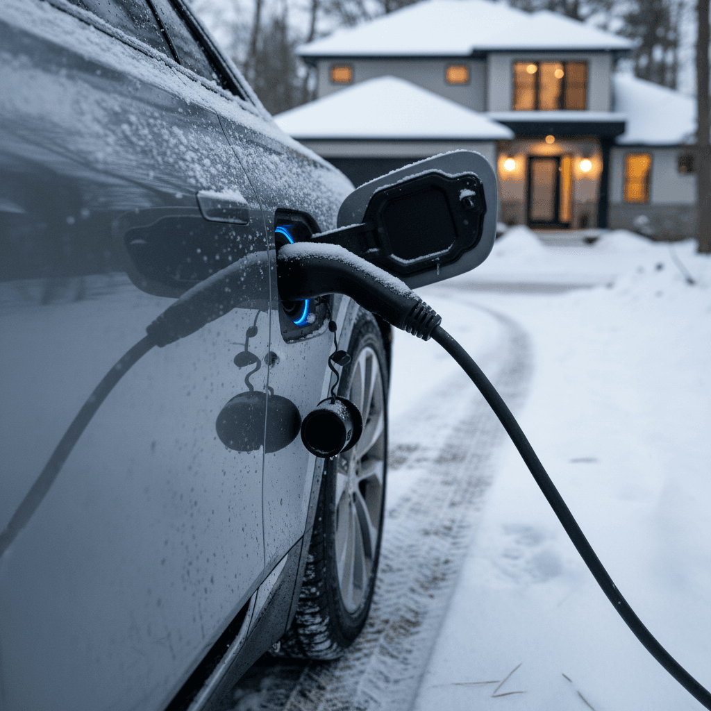 Cadillac Lyriq plugged into a home Level 2 charger in a snowy driveway