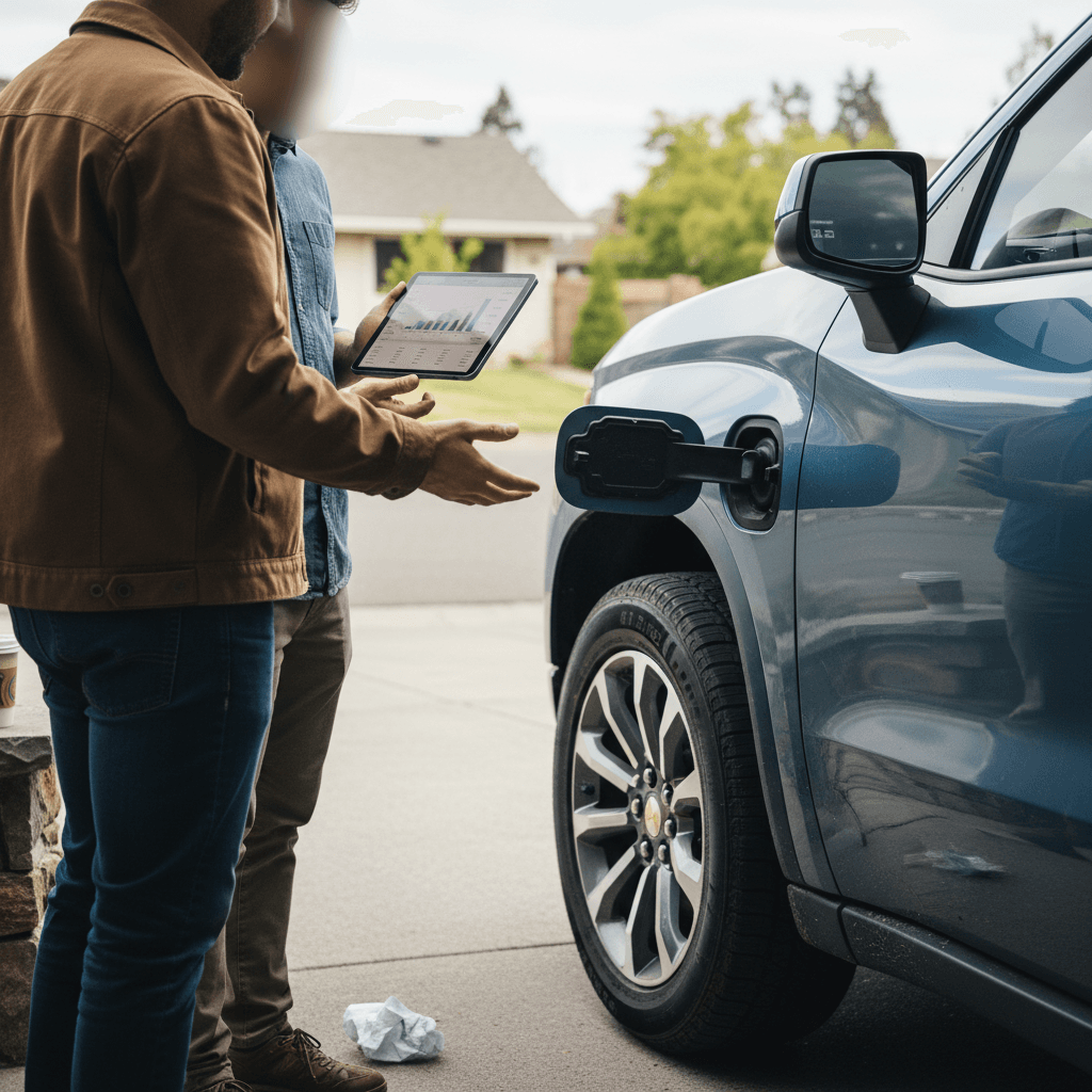 Chevrolet Silverado EV owner reviewing a battery health report on a tablet next to the truck