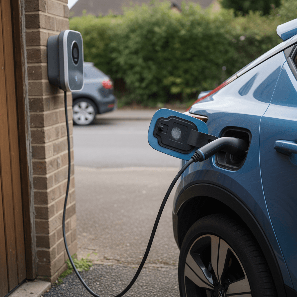 Volvo C40 Recharge plugged into a home wallbox charger in a suburban driveway