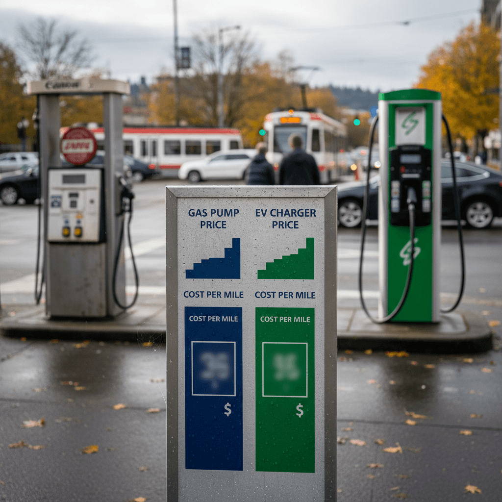 Infographic comparing per‑mile cost of gasoline vs home EV charging vs DC fast charging for a typical Portland commuter in 2026